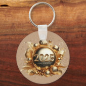 金ゴールドタイポグラフィハッピーニューイヤー2025 キーホルダー (正面)