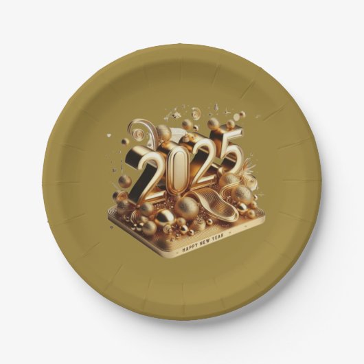 金ゴールドタイポグラフィハッピーニューイヤー2025 ペーパープレート (正面)