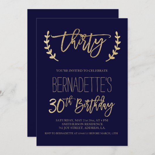 金ゴールドタイポグラフィフェイクネービーブルー30歳誕生日 招待状 (正面/裏面)