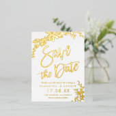金ゴールドタイポグラフィフローラホワイトウェディング日付を保存 箔招待状ポストカード (立ち正面)
