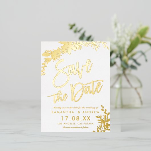 金ゴールドタイポグラフィフローラホワイトウェディング日付を保存 箔招待状ポストカード (立ち正面)