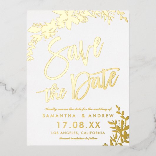 金ゴールドタイポグラフィフローラホワイトウェディング日付を保存 箔招待状ポストカード (正面)
