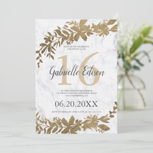 金ゴールドタイポグラフィフローラホワイトマーブルスウィート16 招待状 (スタンド正面)