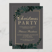 金ゴールドタイポグラフィフローラ灰色の葉クリスマス 招待状 (正面/裏面)