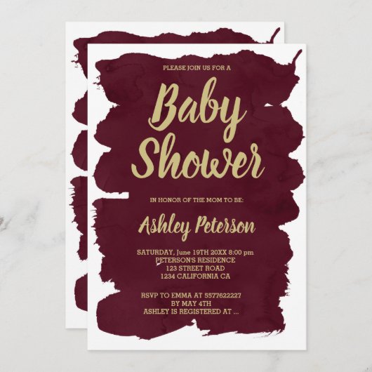 金ゴールドタイポグラフィブルゴーニュ水彩赤ちゃんシャワー 招待状 (正面/裏面)