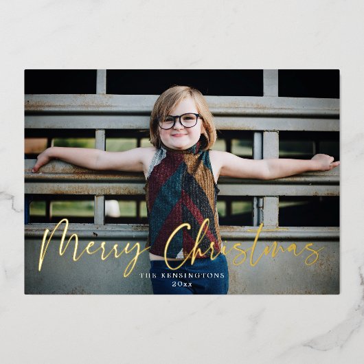 金ゴールドタイポグラフィメリークリスマスホリデーフォト 箔シーズンカード (正面)