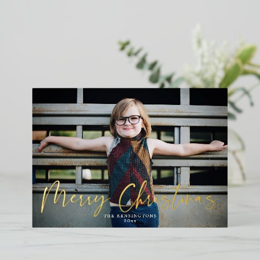 金ゴールドタイポグラフィメリークリスマスホリデーフォト 箔シーズンカード (立ち正面)