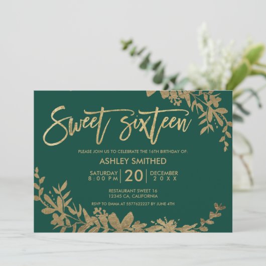 金ゴールドタイポグラフィリーフフローラグリーンスウィート16 招待状 (スタンド正面)