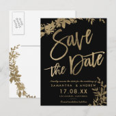 金ゴールドタイポグラフィリーフフローラ黒の保存日付 案内ポストカード (正面/裏面)