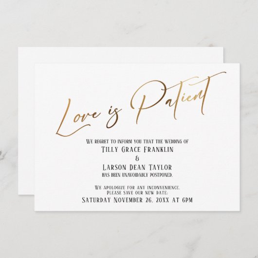金ゴールドタイポグラフィ愛は患者結婚の遅延カード 招待状 (正面/裏面)