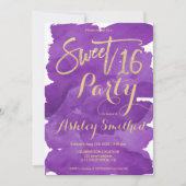 金ゴールドタイポグラフィ紫の水彩ブラシスイート16 招待状 (正面)