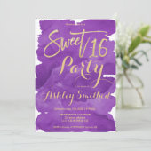 金ゴールドタイポグラフィ紫の水彩ブラシスイート16 招待状 (スタンド正面)