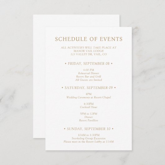 金ゴールドタイポグラフィ結婚の週末のイベント日程 エンクロージャーカード (正面/裏面)