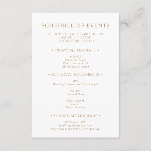 金ゴールドタイポグラフィ結婚の週末のイベント日程 エンクロージャーカード (正面)