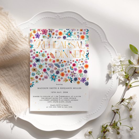 金ゴールドタイポグラフィ結婚フローラのリハーサルディナー 招待状