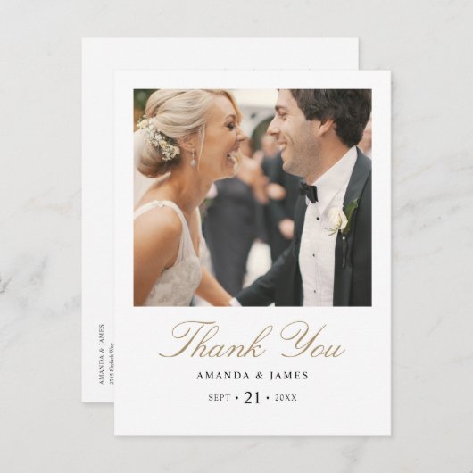 金ゴールドタイポグラフィ結婚写真の感謝はがき 案内ポストカード (正面/裏面)
