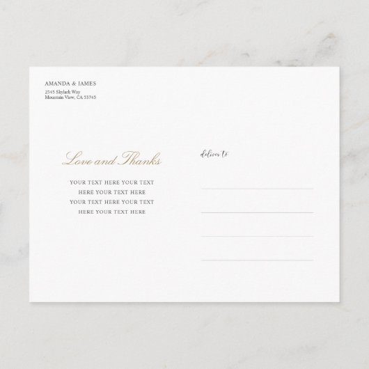 金ゴールドタイポグラフィ結婚写真の感謝はがき 案内ポストカード (裏面)