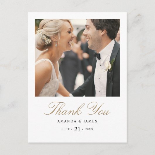 金ゴールドタイポグラフィ結婚写真の感謝はがき 案内ポストカード (正面)