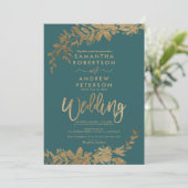 金ゴールドタイポグラフィ葉フローラグリーン結婚ティール（緑がかった色） 招待状 (スタンド正面)