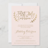 金ゴールドタイポグラフィ赤面ピンクファーストホリーコミュニオン 招待状 (正面)