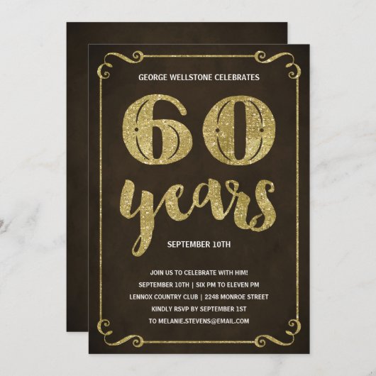 金ゴールドタイポグラフィ60th誕生日パーティー 招待状 (正面/裏面)