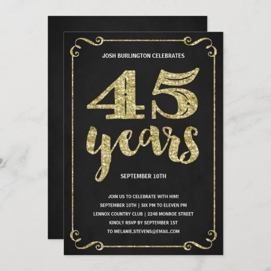 金ゴールドタイポグラフィ|フォイフェイクル45歳の誕生日パーティー 招待状 (正面/裏面)