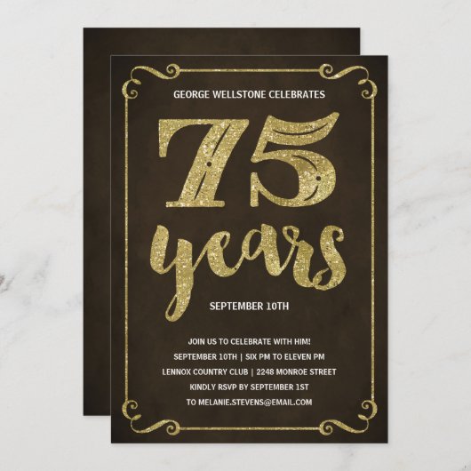 金ゴールドタイポグラフィ|フォイフェイクル75歳の誕生日パーティー 招待状 (正面/裏面)