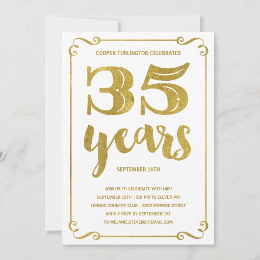 金ゴールドタイポグラフィ | フォイルフェイク35th誕生日パーティー 招待状 (正面)