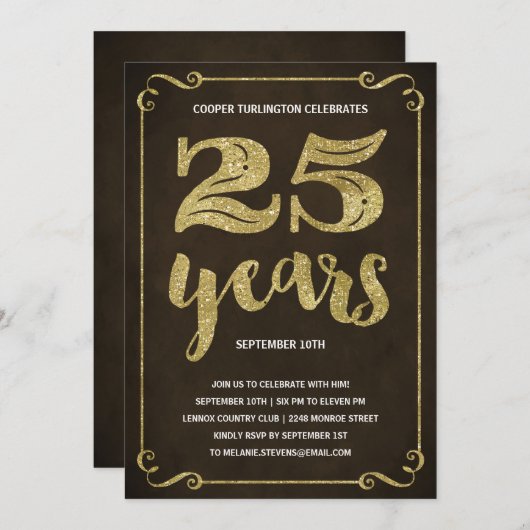 金ゴールドタイポグラフィ |ホイフェイクル25th誕生日パーティー 招待状 (正面/裏面)