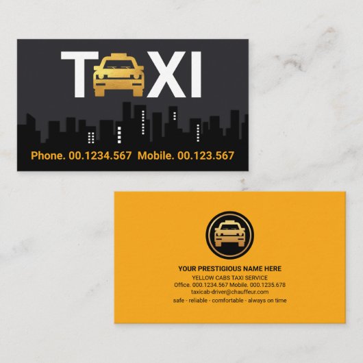 金ゴールドタクシー車の建物シルエット 名刺 (正面/裏面)