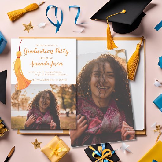 金ゴールドタッセル2025卒業2写真卒業パーティー 招待状