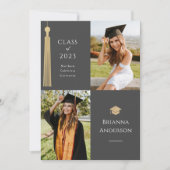 金ゴールドタッセル&キャップ2写真卒業グレー 招待状 (正面)