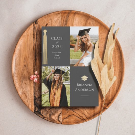 金ゴールドタッセル&キャップ2写真卒業発表 招待状