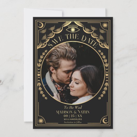 金ゴールドタロット結婚ゴシックの写真Save the Date 招待状 (正面)