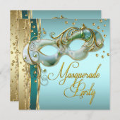 金ゴールドターコイズティール(緑がかった色)ブルーマスカレードパーティー 招待状 (正面/裏面)