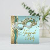 金ゴールドターコイズティール(緑がかった色)ブルーマスカレードパーティー 招待状 (スタンド正面)