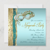 金ゴールドターコイズティール(緑がかった色)ブルーマスカレードパーティー 招待状 (裏面)