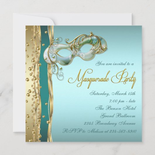 金ゴールドターコイズティール(緑がかった色)ブルーマスカレードパーティー 招待状 (裏面)