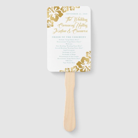 金ゴールドターコイズハイビスカス熱帯結婚式 プログラム ハンドファン (正面)