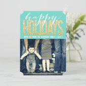 金ゴールドターコイズハッピーホリデイズフォトフラットカード シーズンカード (スタンド正面)