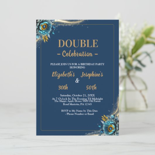 金ゴールドターコイズフローラ二重共同誕生日 招待状 (スタンド正面)