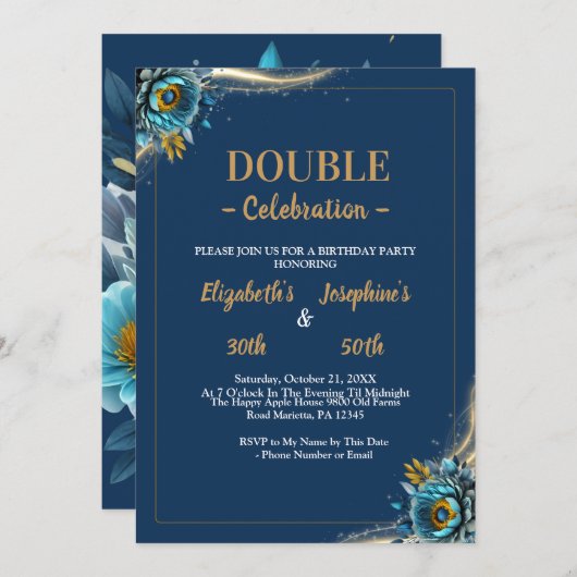 金ゴールドターコイズフローラ二重共同誕生日 招待状 (正面/裏面)