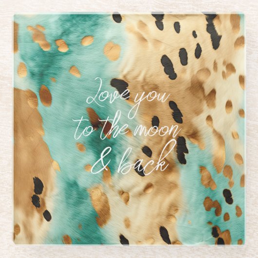 金ゴールドターコイズブラックアニマルプリント ガラスコースター (正面)