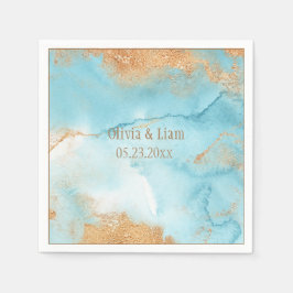 金ゴールドターコイズ抽象芸術モダン名結婚の スタンダードカクテルナプキン