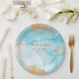 金ゴールドターコイズ抽象芸術モダン名結婚の ペーパープレート