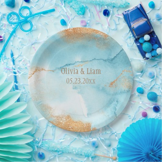 金ゴールドターコイズ抽象芸術モダン名結婚の ペーパープレート (パーティー)