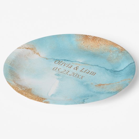 金ゴールドターコイズ抽象芸術モダン名結婚の ペーパープレート (アングル)