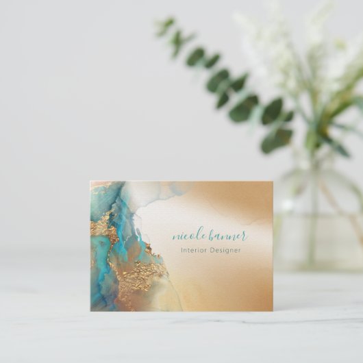 金ゴールドターコイズ抽象芸術水色 名刺 (スタンド正面)
