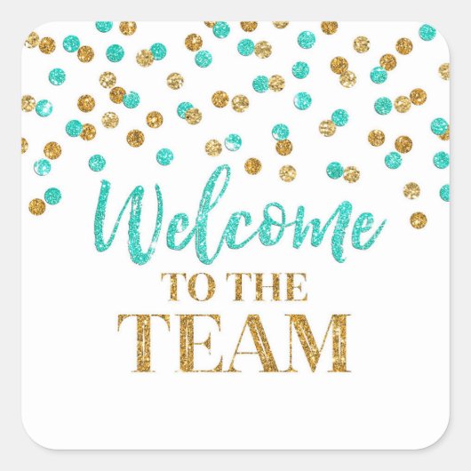 金ゴールドターコイズ紙吹雪ようこそチーム スクエアシール (正面)