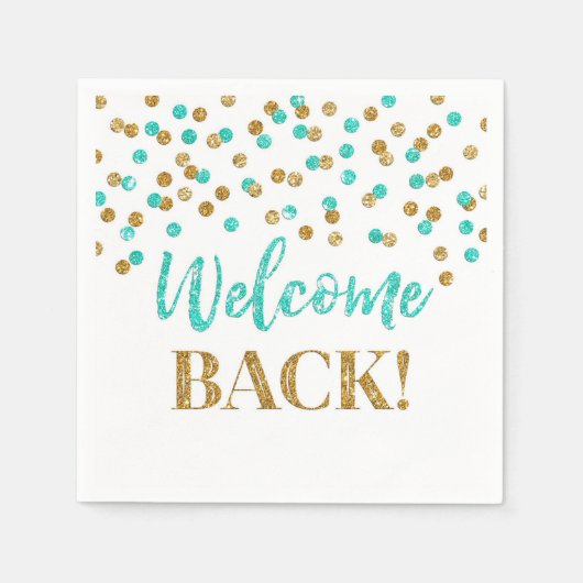 金ゴールドターコイズ紙吹雪ウェルカムバックナプキンズ スタンダードカクテルナプキン (正面)